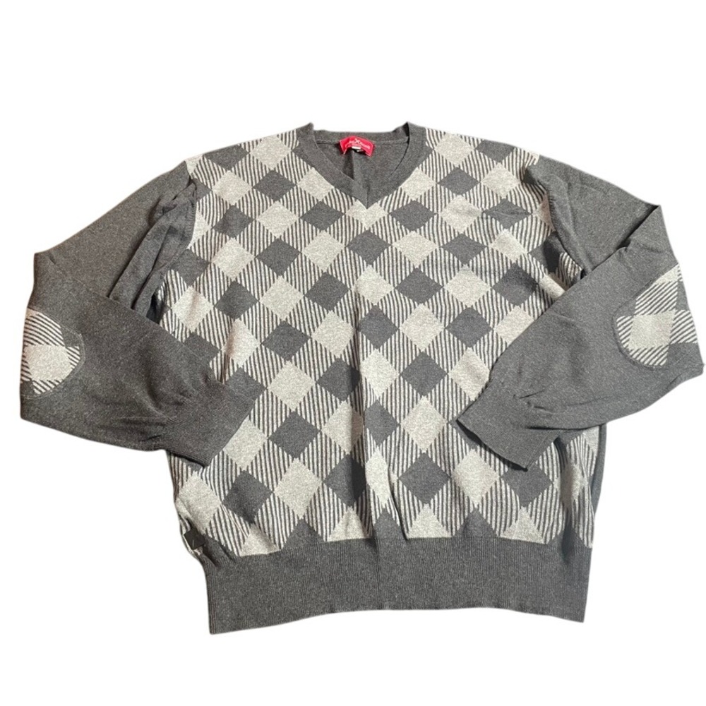 Marc Ecko Cut & Sew Mens Argyle V Neck Sweater XXL Gray‎ Cotton Elbow Patch